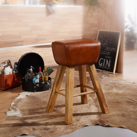 Rootz Bar Stool - Turnbok Model - Leather Bar Stool - Brown - Solid Wood - Mango Wood - 43 x 43 x 75 cm