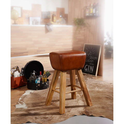 Rootz Bar Stool - Turnbok Model - Leather Bar Stool - Brown - Solid Wood - Mango Wood - 43 x 43 x 75 cm