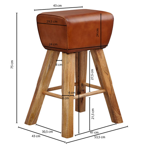 Rootz Bar Stool - Turnbok Model - Leather Bar Stool - Brown - Solid Wood - Mango Wood - 43 x 43 x 75 cm