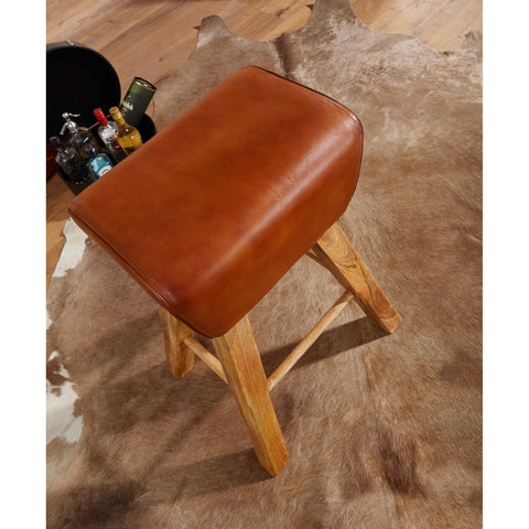 Rootz Bar Stool - Turnbok Model - Leather Bar Stool - Brown - Solid Wood - Mango Wood - 43 x 43 x 75 cm