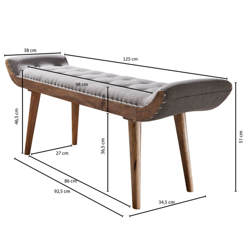 Rootz Fabric Bench - Chesterfield Design - Upholstered Hall Bench - Bed Bench for 2 - Modern Hallway Bench - Solid Wood - Gray - 125x51x38cm