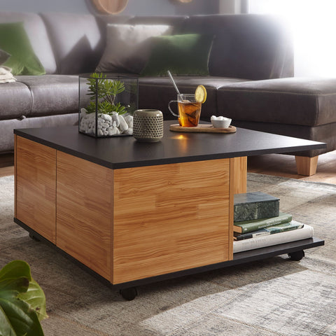 Rootz Coffee Table - Anthracite & Sand Oak - Living Room Table with 2 Drawers & Casters - Table with 2 Compartments - 70x70 cm