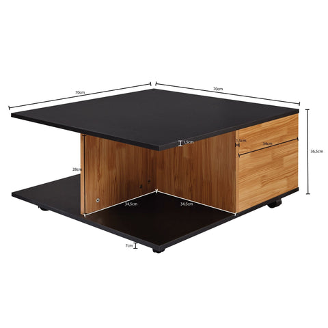 Rootz Coffee Table - Anthracite & Sand Oak - Living Room Table with 2 Drawers & Casters - Table with 2 Compartments - 70x70 cm