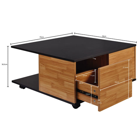 Rootz Coffee Table - Anthracite & Sand Oak - Living Room Table with 2 Drawers & Casters - Table with 2 Compartments - 70x70 cm