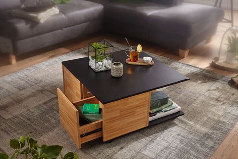 Rootz Coffee Table - Anthracite & Sand Oak - Living Room Table with 2 Drawers & Casters - Table with 2 Compartments - 70x70 cm