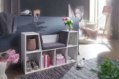 Rootz Design Shelf with Seat - Freestanding Shelf with Gray Seat Cover - Bench with 6 Compartments - White Matt - 101.5 x 61.5 x 30 cm