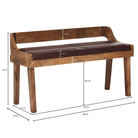 Rootz Bench - Genuine Leather - Upholstered Bench with Backrest - Brown for Hallway or Bedroom - Small Leather Bed Bench - Solid Wood - 108x63x43cm