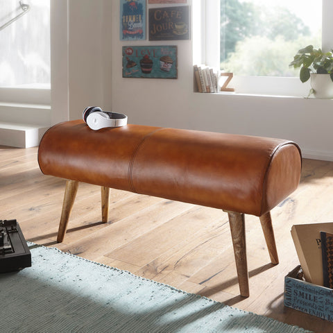 Rootz Bench - Genuine Leather - Upholstered 2-Seater Hall Bench - Springbok Brown - Small Leather Bed Bench - Solid Wood - 100x53x40cm
