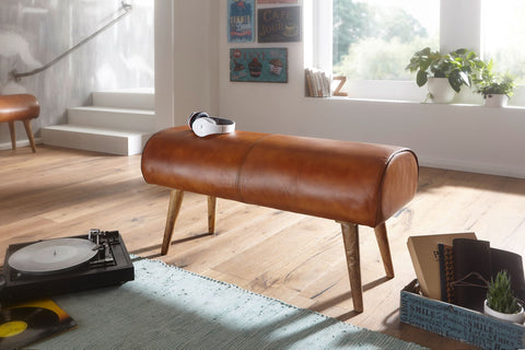 Rootz Bench - Genuine Leather - Upholstered 2-Seater Hall Bench - Springbok Brown - Small Leather Bed Bench - Solid Wood - 100x53x40cm