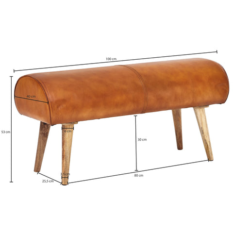 Rootz Bench - Genuine Leather - Upholstered 2-Seater Hall Bench - Springbok Brown - Small Leather Bed Bench - Solid Wood - 100x53x40cm