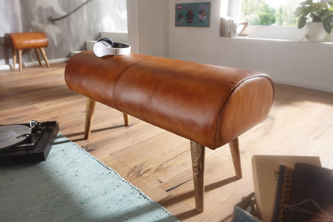 Rootz Bench - Genuine Leather - Upholstered 2-Seater Hall Bench - Springbok Brown - Small Leather Bed Bench - Solid Wood - 100x53x40cm