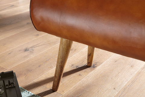 Rootz Bench - Genuine Leather - Upholstered 2-Seater Hall Bench - Springbok Brown - Small Leather Bed Bench - Solid Wood - 100x53x40cm