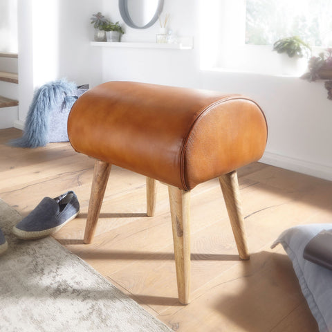 Rootz Newburg Stool - Leather Stool - Solid Mango Wood - Goat Leather - Springbok - Brown - Wood - 45x53x40 cm - Stool