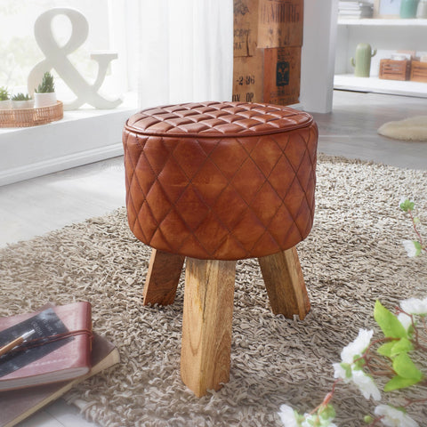 Rootz Stool - Genuine Leather - Modern Round Foot Stool - Brown Turnbock Leather - Small Upholstered Wooden Stool - Solid Wood - 35x46x35cm