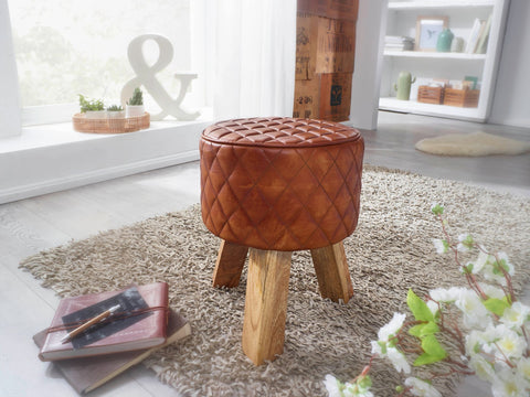 Rootz Stool - Genuine Leather - Modern Round Foot Stool - Brown Turnbock Leather - Small Upholstered Wooden Stool - Solid Wood - 35x46x35cm