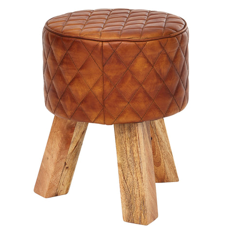 Rootz Stool - Genuine Leather - Modern Round Foot Stool - Brown Turnbock Leather - Small Upholstered Wooden Stool - Solid Wood - 35x46x35cm
