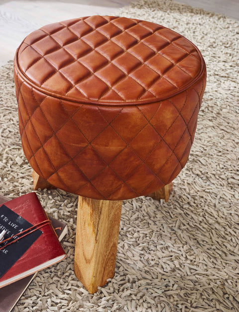Rootz Stool - Genuine Leather - Modern Round Foot Stool - Brown Turnbock Leather - Small Upholstered Wooden Stool - Solid Wood - 35x46x35cm