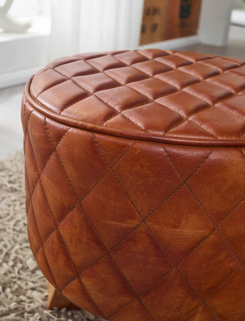 Rootz Stool - Genuine Leather - Modern Round Foot Stool - Brown Turnbock Leather - Small Upholstered Wooden Stool - Solid Wood - 35x46x35cm