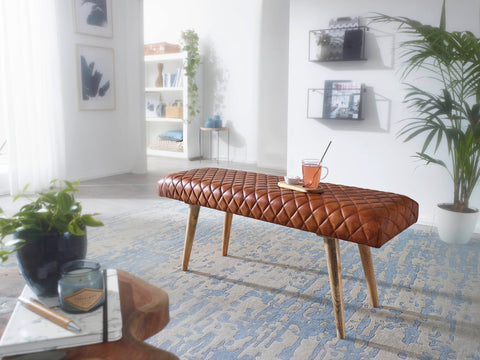 Rootz Bench - Genuine Leather - Upholstered 2-Seater Bench - Brown for Hall or Dining Room - Small Leather Bed Bench - Solid Wood - 115x53x38cm