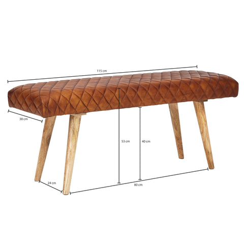 Rootz Bench - Genuine Leather - Upholstered 2-Seater Bench - Brown for Hall or Dining Room - Small Leather Bed Bench - Solid Wood - 115x53x38cm