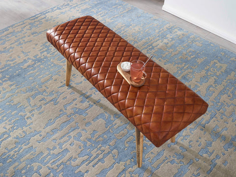 Rootz Bench - Genuine Leather - Upholstered 2-Seater Bench - Brown for Hall or Dining Room - Small Leather Bed Bench - Solid Wood - 115x53x38cm