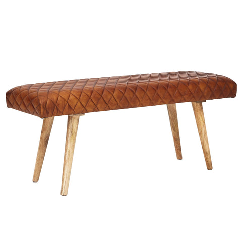 Rootz Bench - Genuine Leather - Upholstered 2-Seater Bench - Brown for Hall or Dining Room - Small Leather Bed Bench - Solid Wood - 115x53x38cm