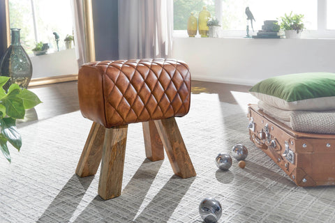 Rootz Stool - Real Leather - Modern Footstool - Turnbock Brown Leather Stool - Small Upholstered Wooden Stool - Solid Wood - 40x48x27cm