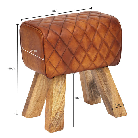Rootz Stool - Real Leather - Modern Footstool - Turnbock Brown Leather Stool - Small Upholstered Wooden Stool - Solid Wood - 40x48x27cm