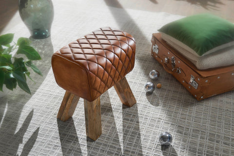 Rootz Stool - Real Leather - Modern Footstool - Turnbock Brown Leather Stool - Small Upholstered Wooden Stool - Solid Wood - 40x48x27cm