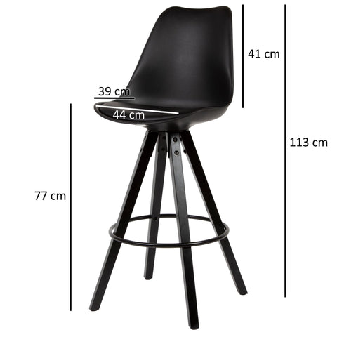 Rootz Bar Stools - Set of 2 - Faux Leather - Backrest - 77cm - Black - Bar Chairs - Stool