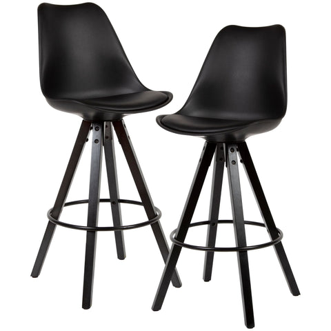 Rootz Bar Stools - Set of 2 - Faux Leather - Backrest - 77cm - Black - Bar Chairs - Stool