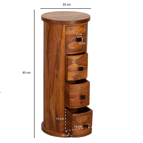 Rootz Sideboard - 4-Drawer Cabinet - Narrow Solid Side Cabinet - Round Mini Dresser - Sheesham Solid Wood - 35x85x35cm