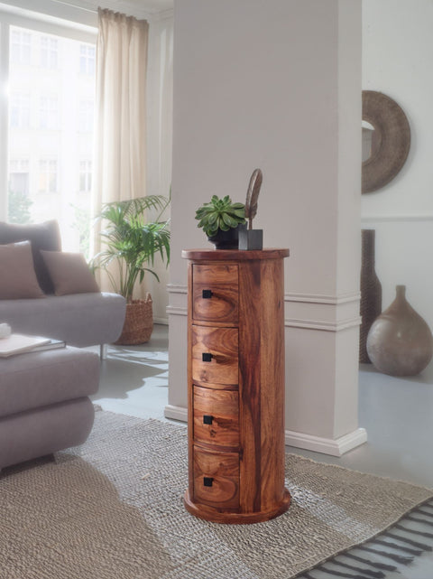 Rootz Sideboard - 4-Drawer Cabinet - Narrow Solid Side Cabinet - Round Mini Dresser - Sheesham Solid Wood - 35x85x35cm