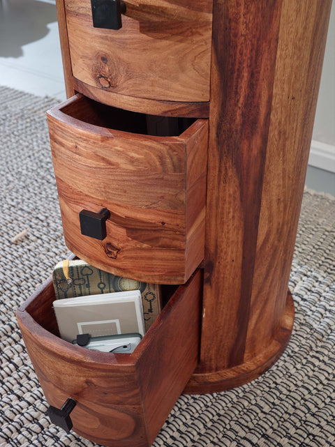 Rootz Sideboard - 4-Drawer Cabinet - Narrow Solid Side Cabinet - Round Mini Dresser - Sheesham Solid Wood - 35x85x35cm