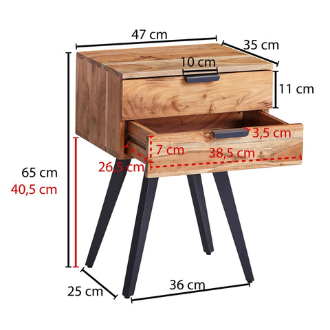 Rootz Bedside Table - 2-Drawer Box Spring Bedside Table - Modern Design with Metal Legs - Sturdy and Stylish - Acacia Solid Wood - 47x65x35cm