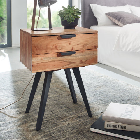 Rootz Bedside Table - 2-Drawer Box Spring Bedside Table - Modern Design with Metal Legs - Sturdy and Stylish - Acacia Solid Wood - 47x65x35cm