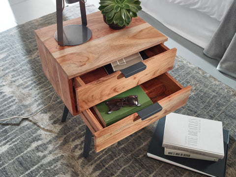 Rootz Bedside Table - 2-Drawer Box Spring Bedside Table - Modern Design with Metal Legs - Sturdy and Stylish - Acacia Solid Wood - 47x65x35cm