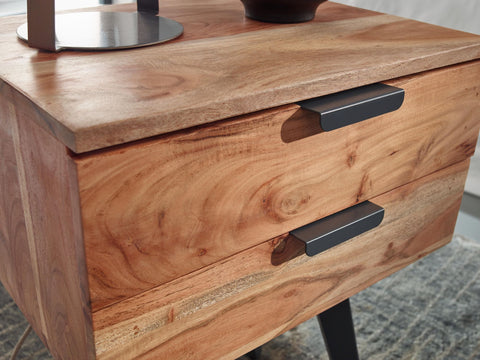 Rootz Bedside Table - 2-Drawer Box Spring Bedside Table - Modern Design with Metal Legs - Sturdy and Stylish - Acacia Solid Wood - 47x65x35cm