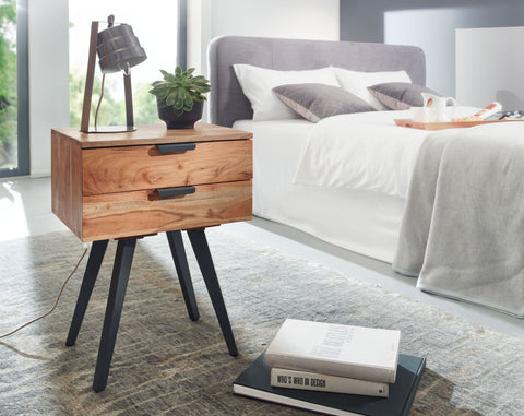 Rootz Bedside Table - 2-Drawer Box Spring Bedside Table - Modern Design with Metal Legs - Sturdy and Stylish - Acacia Solid Wood - 47x65x35cm