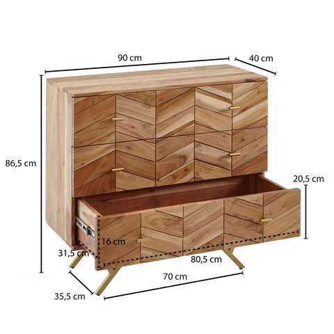 Rootz Sideboard - Solid Wood Acacia - Metal - Chest of Drawers - 3 Drawers - 90 x 86.5 x 40 cm - Brown