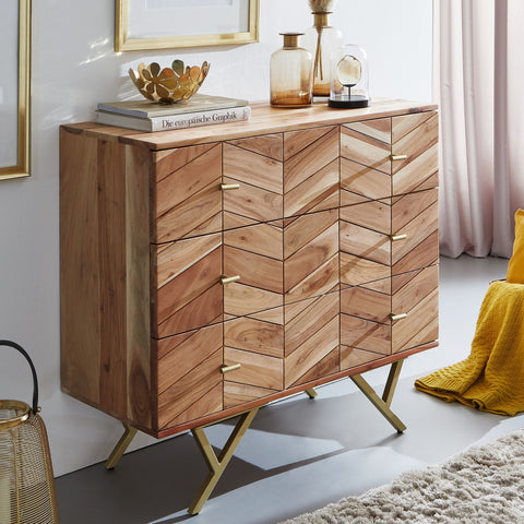 Rootz Sideboard - Solid Wood Acacia - Metal - Chest of Drawers - 3 Drawers - 90 x 86.5 x 40 cm - Brown