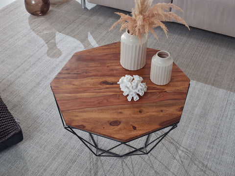 Rootz Coffee Table - Solid Brown Living Room Table - Modern Industrial Wooden Table - Sheesham Solid Wood - Metal 66x40x66cm -