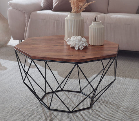 Rootz Coffee Table - Solid Brown Living Room Table - Modern Industrial Wooden Table - Sheesham Solid Wood - Metal 66x40x66cm -