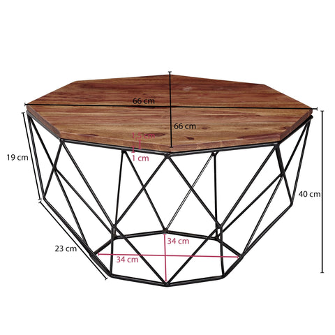 Rootz Coffee Table - Solid Brown Living Room Table - Modern Industrial Wooden Table - Sheesham Solid Wood - Metal 66x40x66cm -