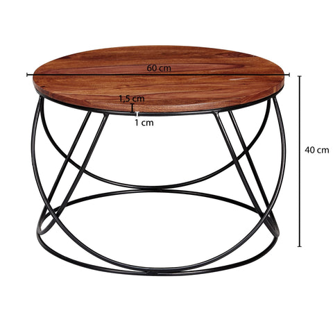 Rootz Coffee Table - Round Living Room Table, Solid Brown - Modern Industrial Wooden Table - Sheesham Solid Wood - Metal - 60x40x60cm