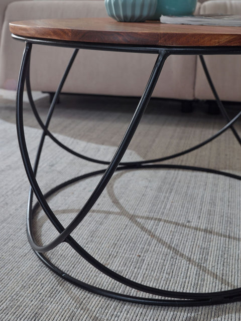 Rootz Coffee Table - Round Living Room Table, Solid Brown - Modern Industrial Wooden Table - Sheesham Solid Wood - Metal - 60x40x60cm