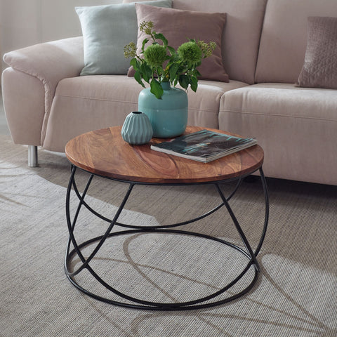 Rootz Coffee Table - Round Living Room Table, Solid Brown - Modern Industrial Wooden Table - Sheesham Solid Wood - Metal - 60x40x60cm