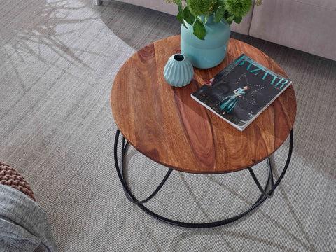 Rootz Coffee Table - Round Living Room Table, Solid Brown - Modern Industrial Wooden Table - Sheesham Solid Wood - Metal - 60x40x60cm