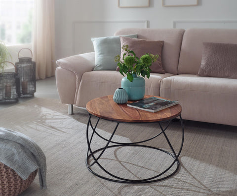 Rootz Coffee Table - Round Living Room Table, Solid Brown - Modern Industrial Wooden Table - Sheesham Solid Wood - Metal - 60x40x60cm