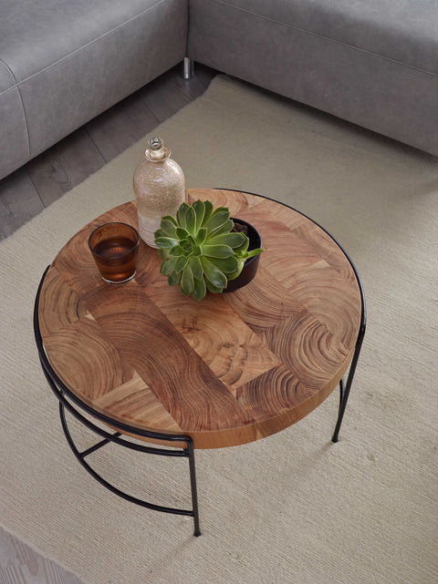 Rootz Coffee Table - Round Living Room Table with Metal Legs - Small Designer Industrial Table - Acacia Solid Wood - Metal - 62x40x62 cm